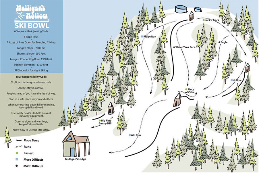 Mulligan's Hollow Ski Bowl Piste / Trail Map
